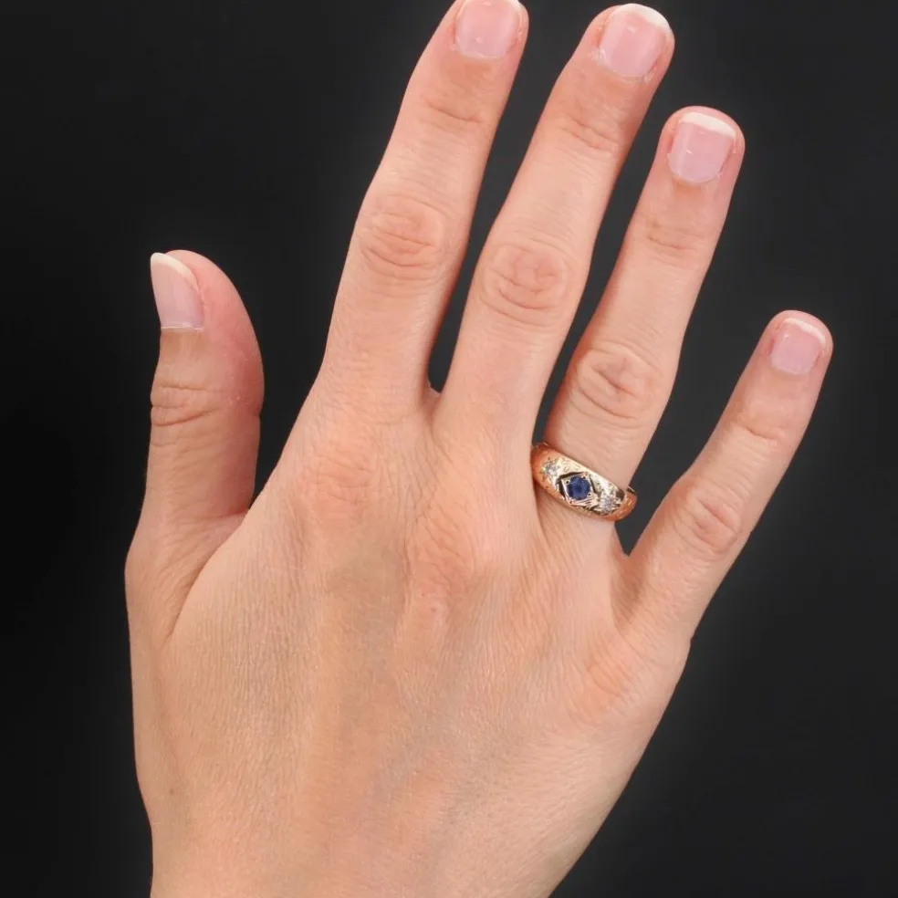 Bague jonc or rose saphir diamants