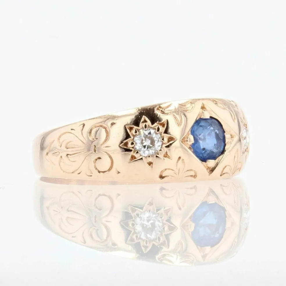 Bague jonc or rose saphir diamants