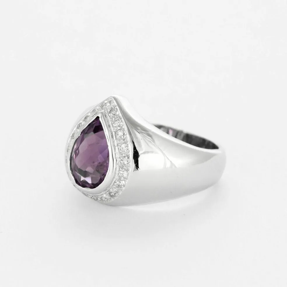 Bague jonc poire en or blanc 14K, Améthyste et diamants