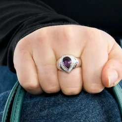Bague jonc poire en or blanc 14K, Améthyste et diamants