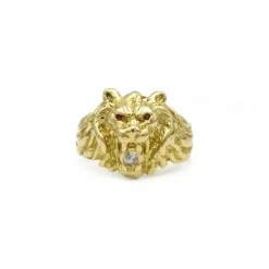 Bague lion or jaune diamant et rubis