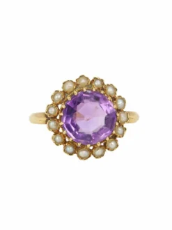 Bague marguerite ancienne or jaune amethyste perles fines