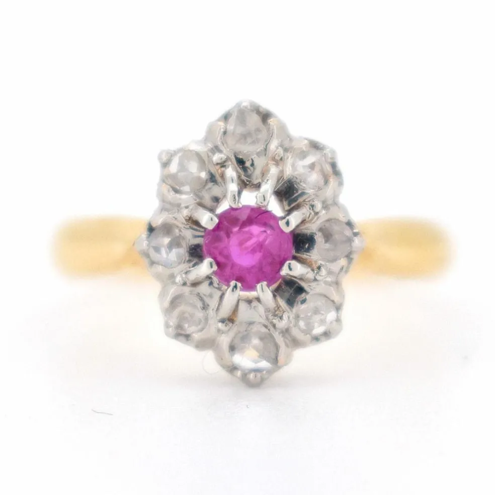Bague Marguerite Ancienne Or 18 Carats, Diamants et Rubis - Circa 1900