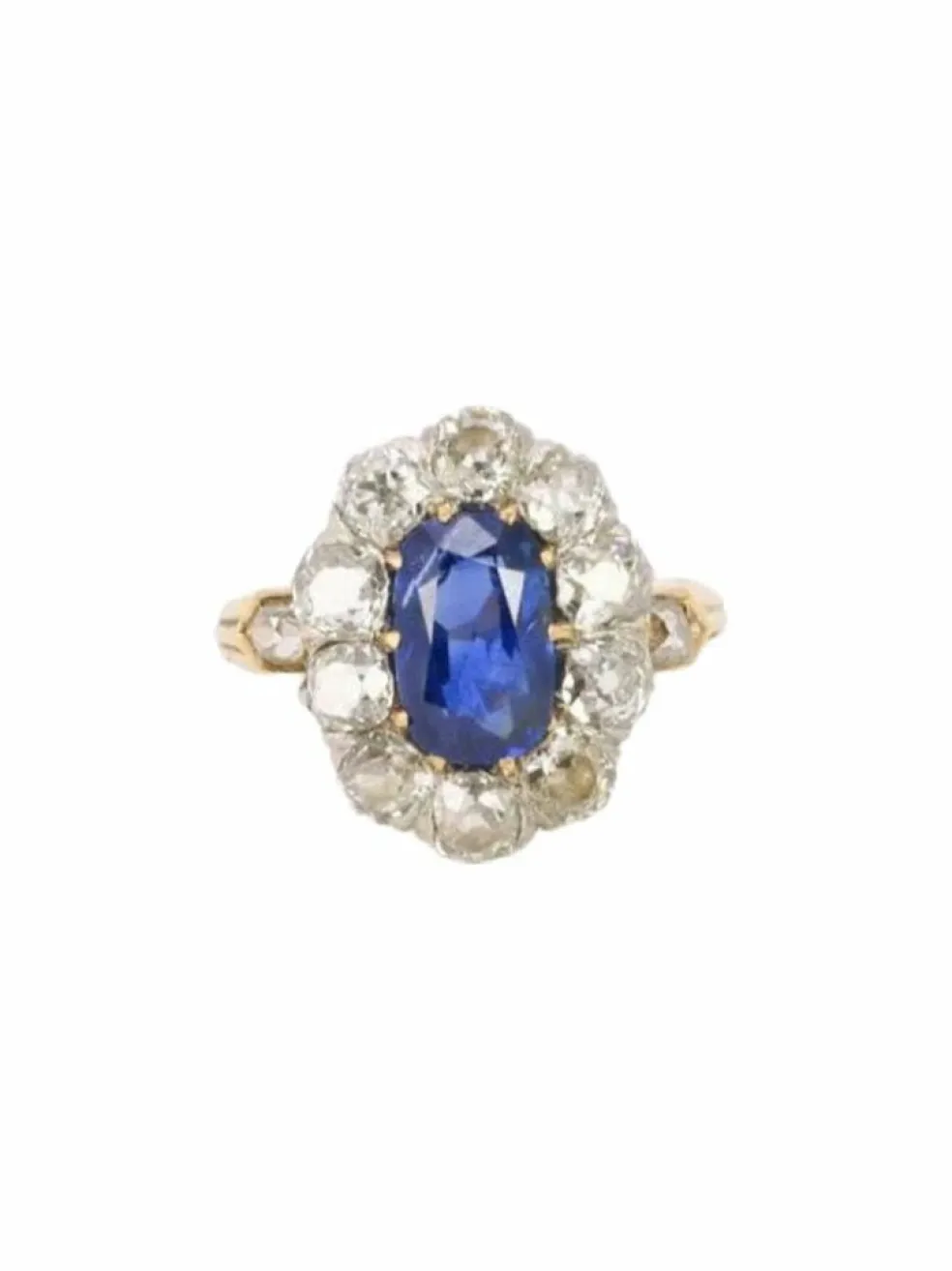Bague marguerite ancienne or rose saphir coussin diamants