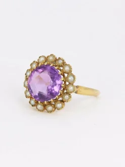 Bague marguerite ancienne or jaune amethyste perles fines
