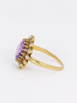 Bague marguerite ancienne or jaune amethyste perles fines