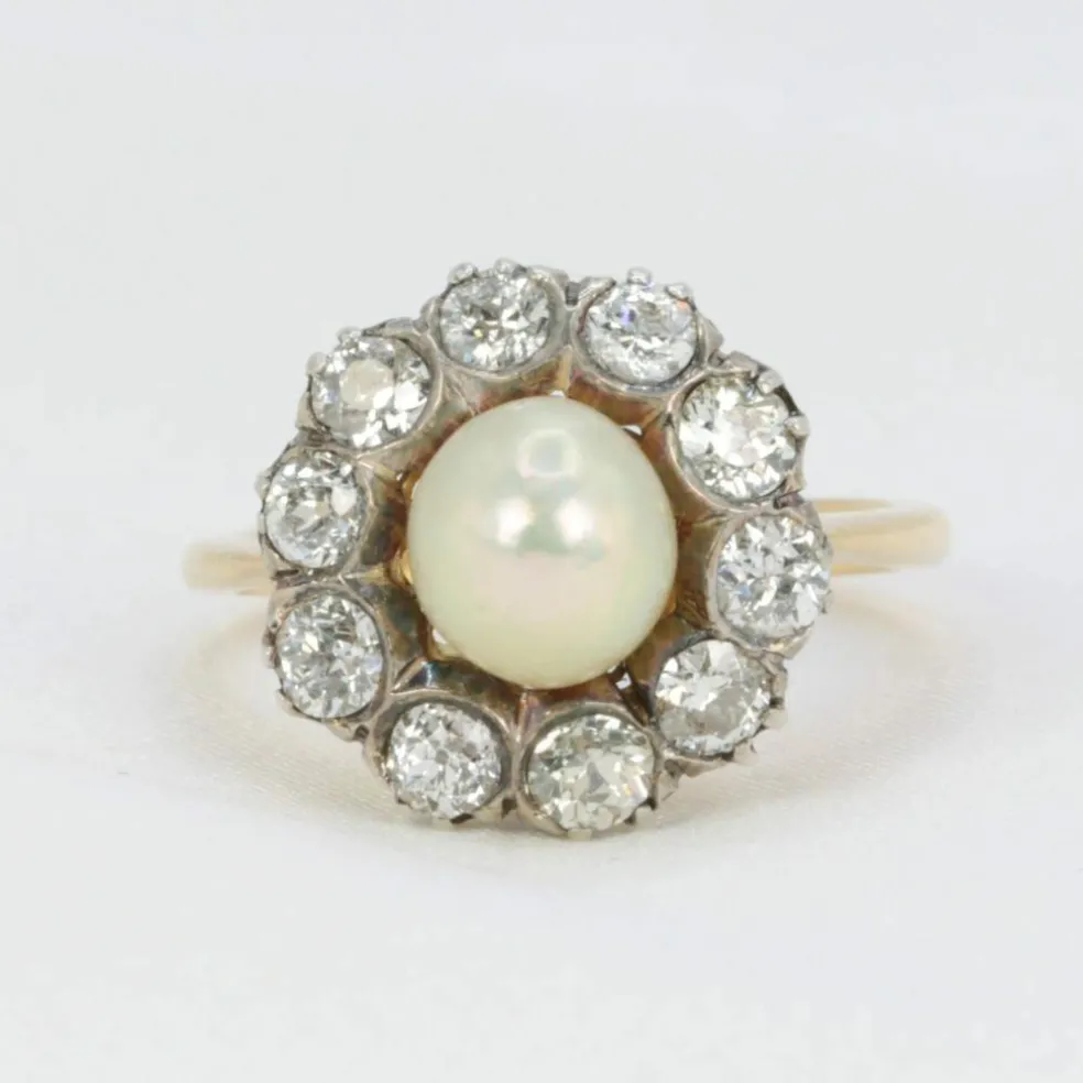 Bague marguerite diamants, perle fine