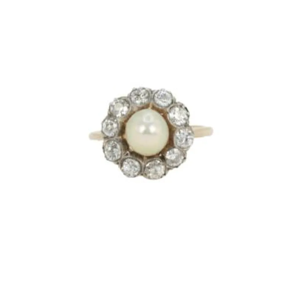Bague marguerite diamants, perle fine