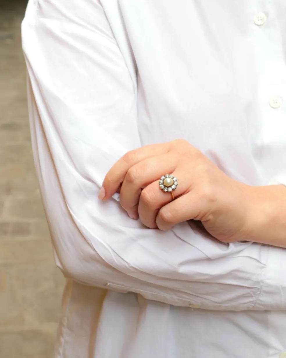 Bague marguerite diamants, perle fine