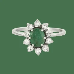 Bague marguerite en or gris, émeraude et diamants
