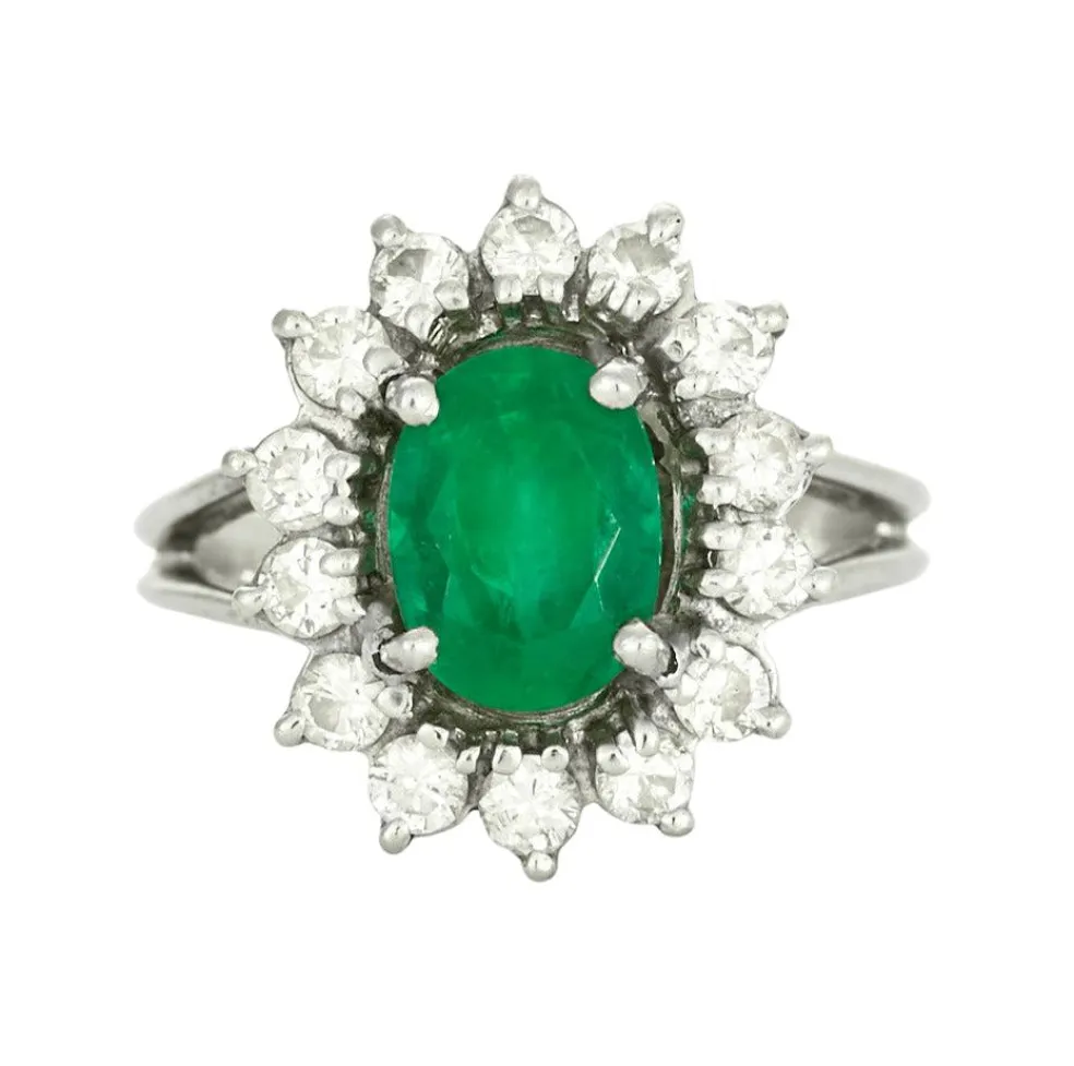 Bague marguerite or blanc, émeraude et diamants