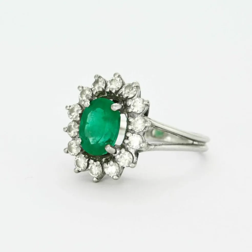 Bague marguerite or blanc, émeraude et diamants
