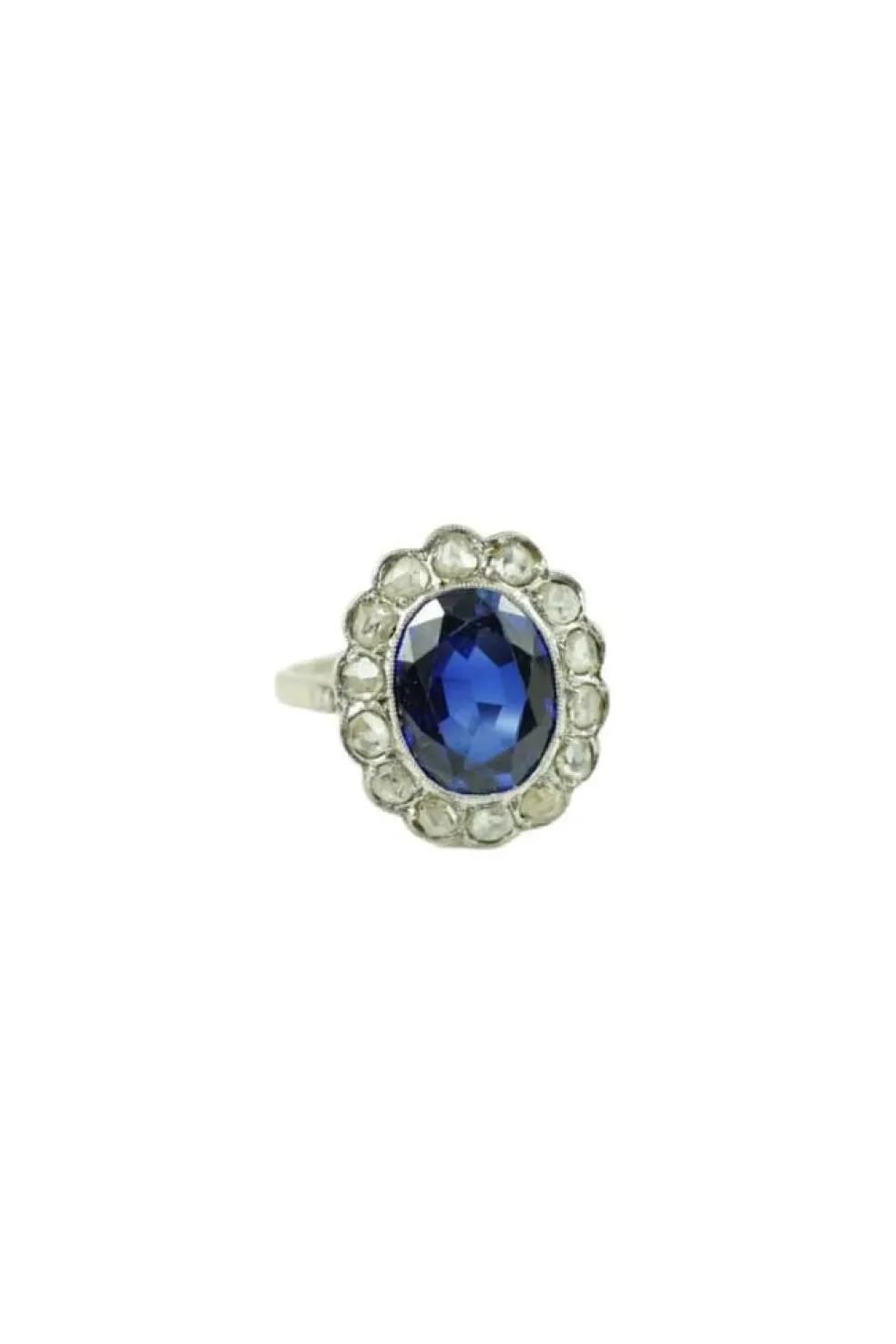 Bague marguerite or diamants et saphir synthètique art déco