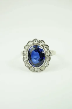 Bague marguerite or diamants et saphir synthètique art déco