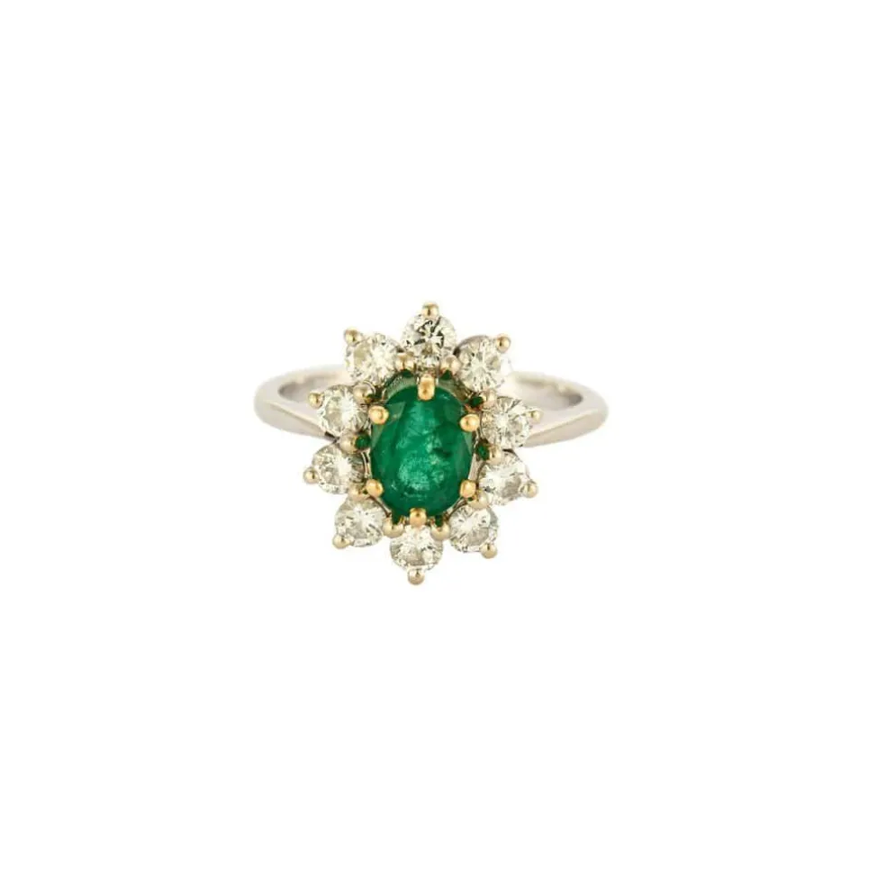Bague Marguerite or gris et jaune, diamants et émeraude