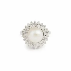 Bague Marguerite or gris, perle 10mm, diamants
