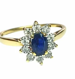 Bague marguerite or jaune, saphir, diamants