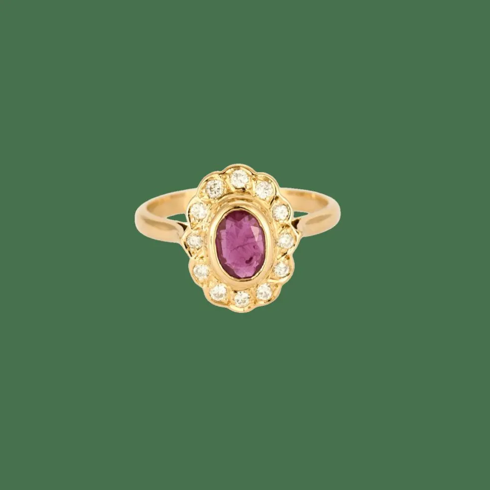Bague marguerite or jaune, rubis et diamants