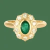 Bague marguerite or jaune, émeraude et diamants