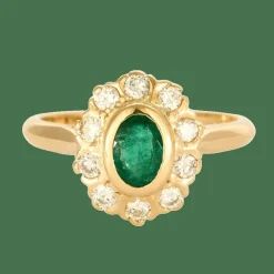 Bague marguerite or jaune, émeraude et diamants