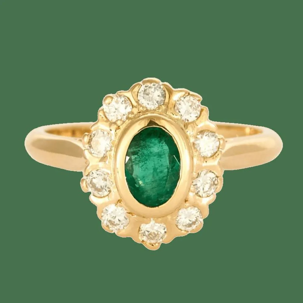 Bague marguerite or jaune, émeraude et diamants