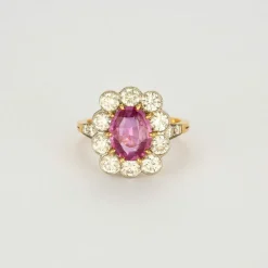 Bague marguerite or jaune et platine, diamants et saphirs rose
