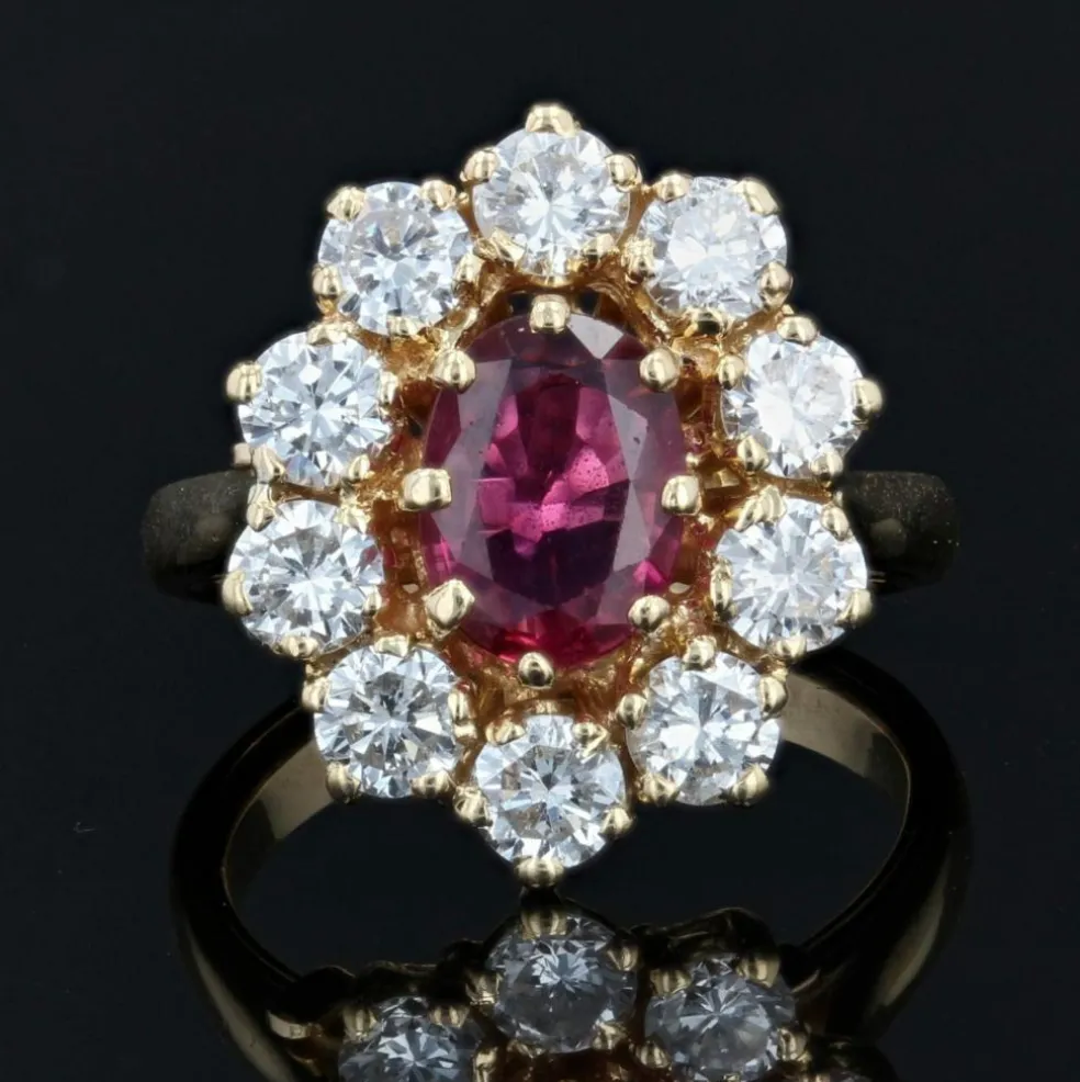 Bague marguerite or jaune rubis diamants