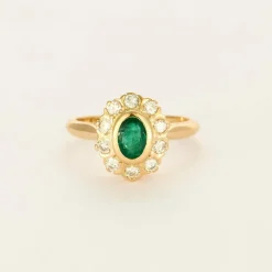 Bague marguerite or jaune, émeraude et diamants