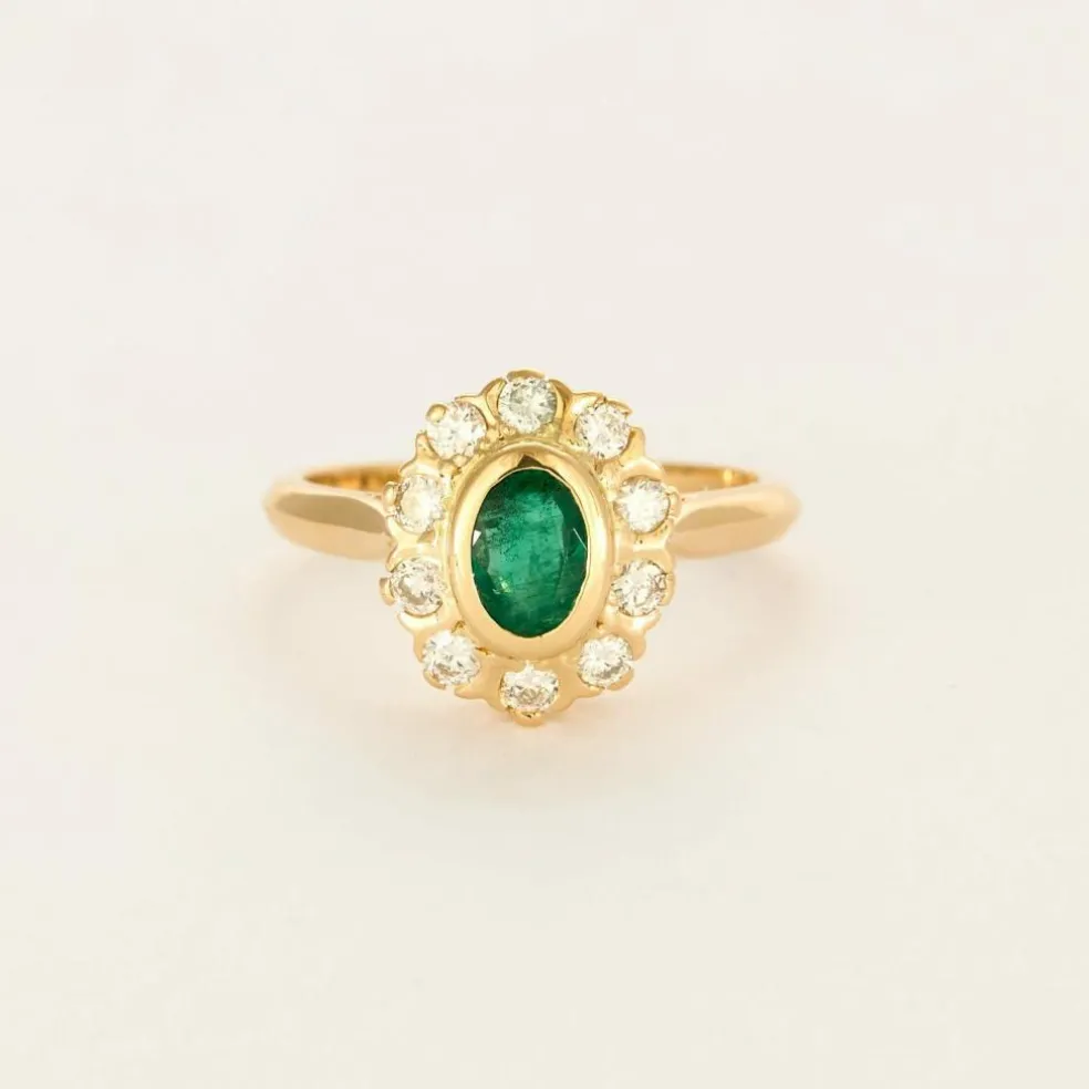 Bague marguerite or jaune, émeraude et diamants