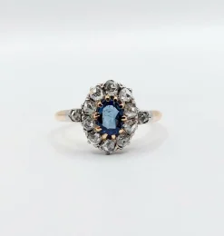 Bague marguerite or jaune, saphir synthétique et diamants (circa 1900)