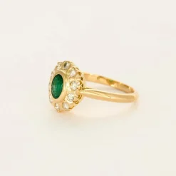 Bague marguerite or jaune, émeraude et diamants