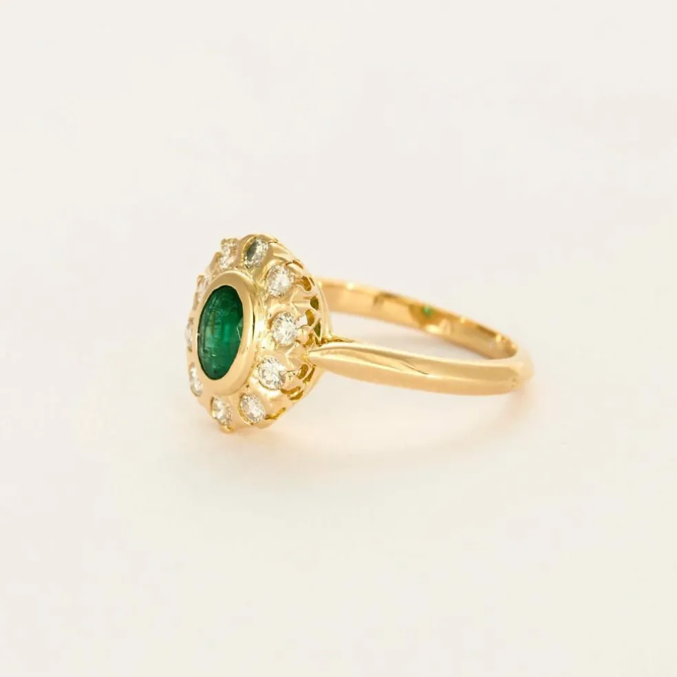 Bague marguerite or jaune, émeraude et diamants