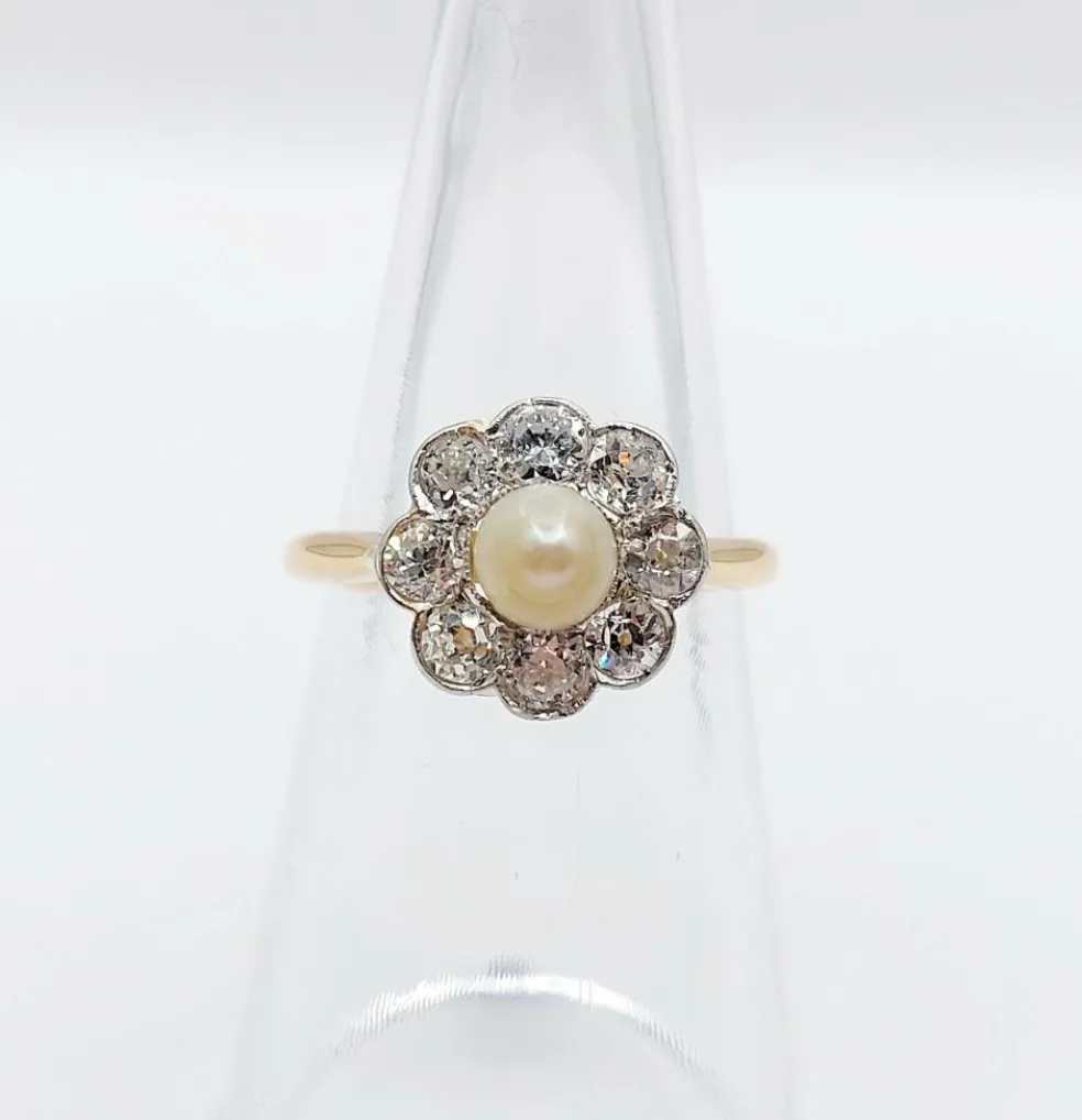 Bague marguerite or jaune et platine, perle et diamants (circa 1900)