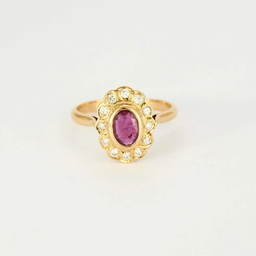 Bague marguerite or jaune, rubis et diamants