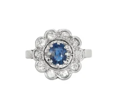 Bague marguerite platine et or gris avec saphir
