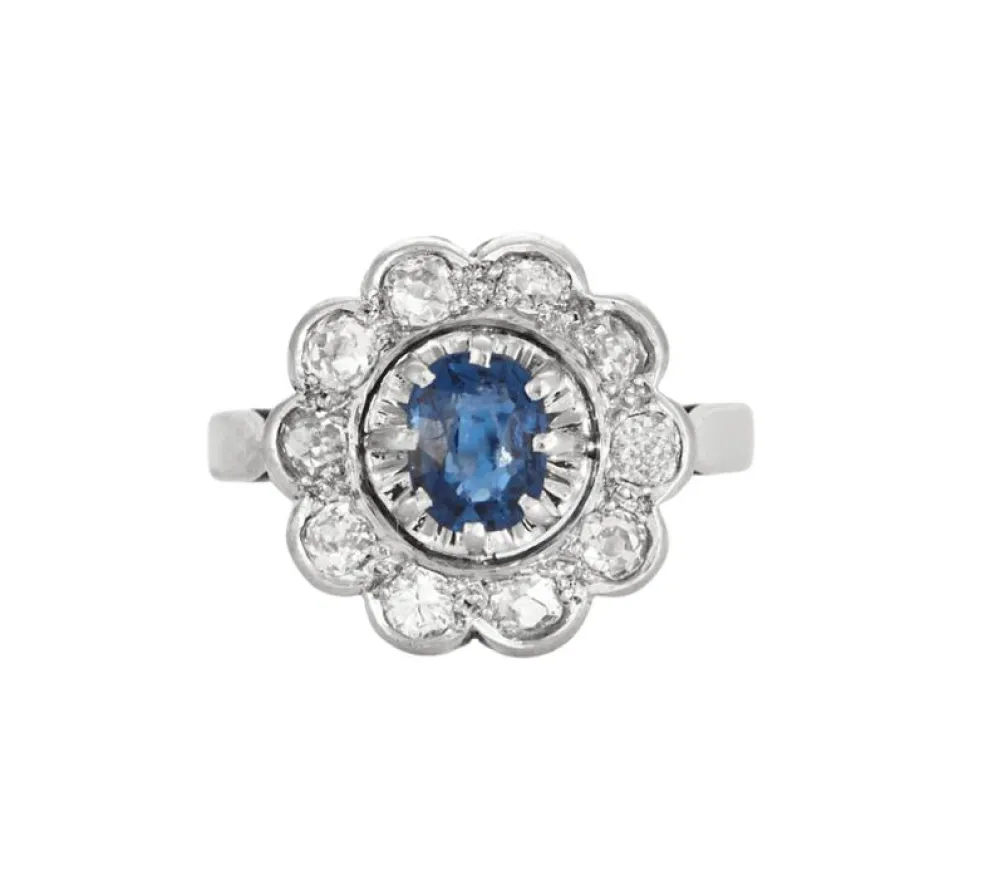 Bague marguerite platine et or gris avec saphir