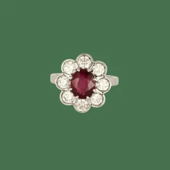 Bague marguerite platine et or blanc, rubis et diamants