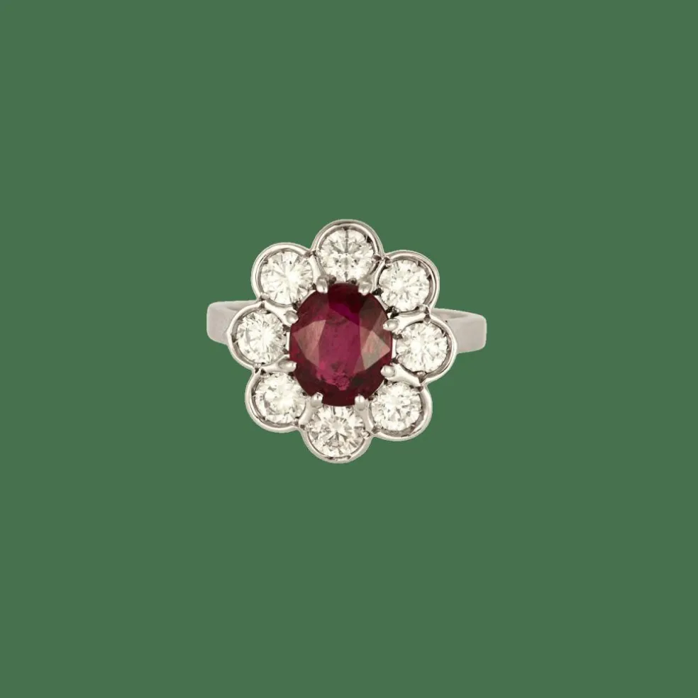 Bague marguerite platine et or blanc, rubis et diamants