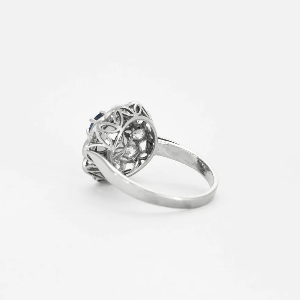Bague marguerite platine et or gris avec saphir