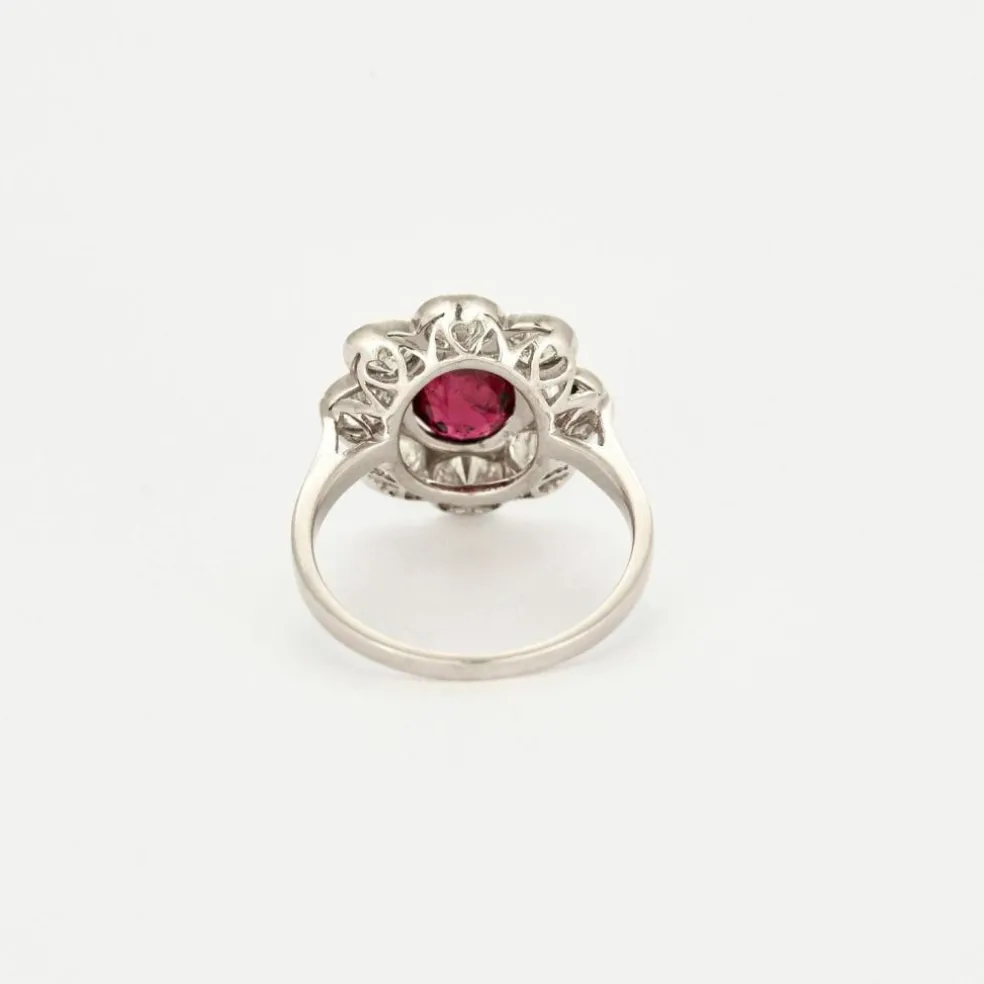 Bague marguerite platine et or blanc, rubis et diamants