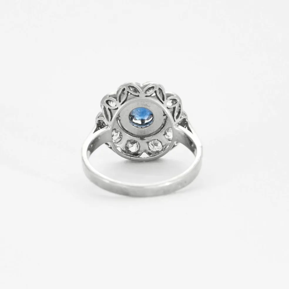 Bague marguerite platine et or gris avec saphir