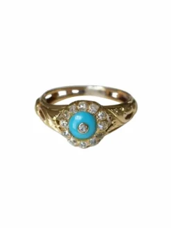 Bague Marguerite pâte de verre turquoise et diamants