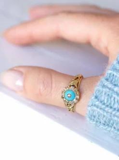 Bague Marguerite pâte de verre turquoise et diamants