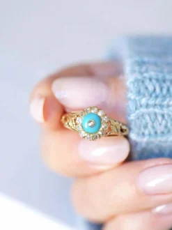 Bague Marguerite pâte de verre turquoise et diamants