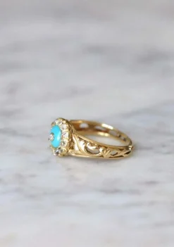 Bague Marguerite pâte de verre turquoise et diamants