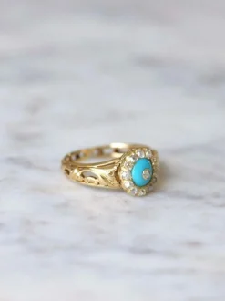 Bague Marguerite pâte de verre turquoise et diamants