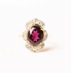 Bague marguerite rhodolite et diamants en or jaune