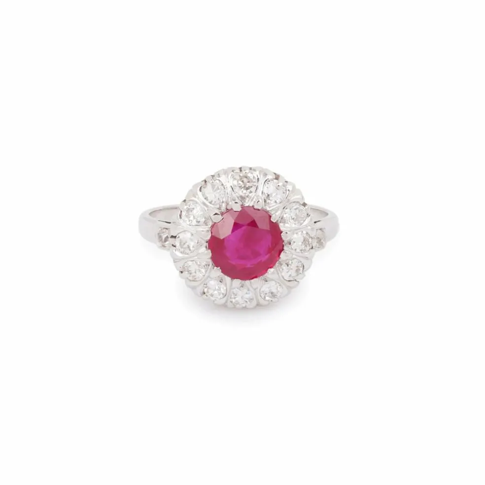 Bague marguerite rubis birman 2 Carats diamants platine or blanc (Certificat)