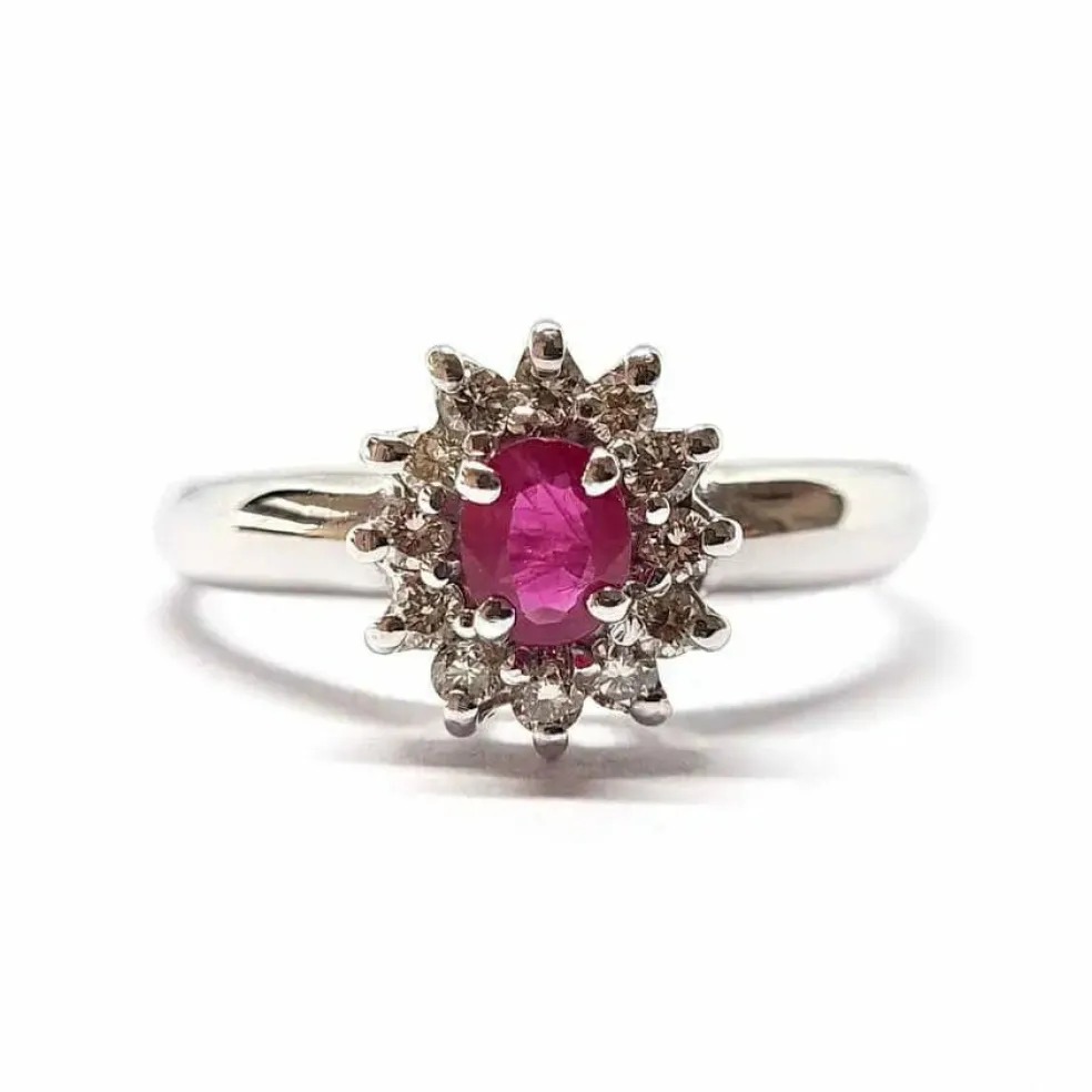 Bague marguerite rubis diamants or blanc