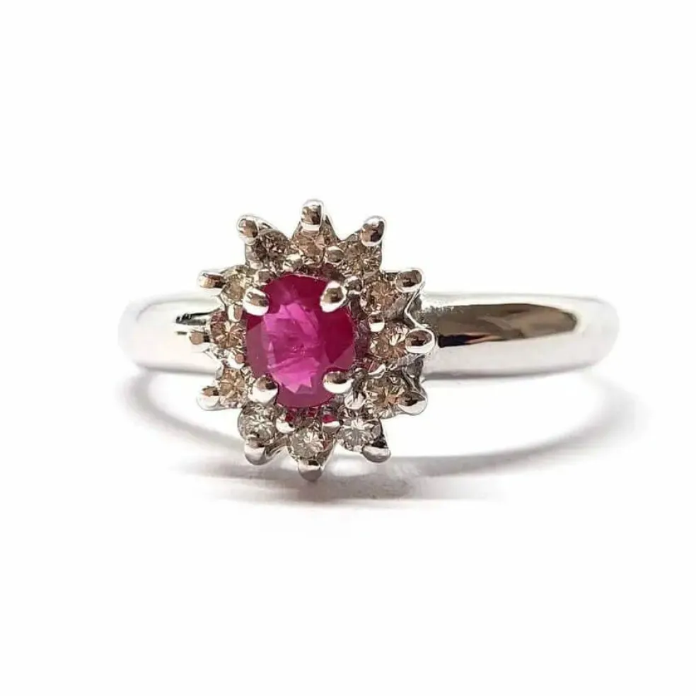 Bague marguerite rubis diamants or blanc